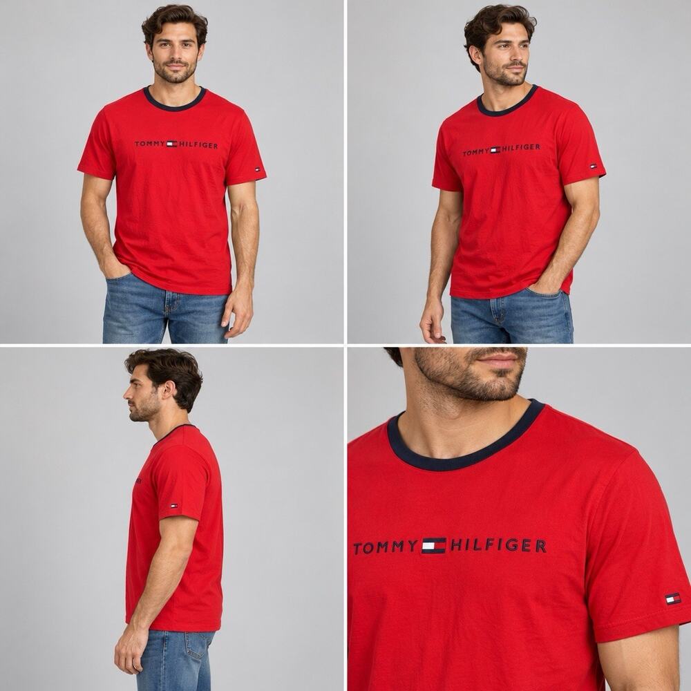 Tommy Hilfiger T Shirt Mens XL Red Navy Collar Embroidered Flag Spell Out Logo